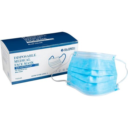 GLOBAL INDUSTRIAL Disposable Medical Face Mask, 3-Ply w/Earloops, Blue, 50PK 732145
